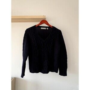Liz Claiborne Womens Large VNeck Sweater Blue Ribbed Cotton Cable Knit Fisherman
